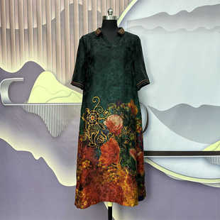 杭州高货精工刺绣提花透孔花萝香云纱连衣裙时尚 气质减龄长裙2520