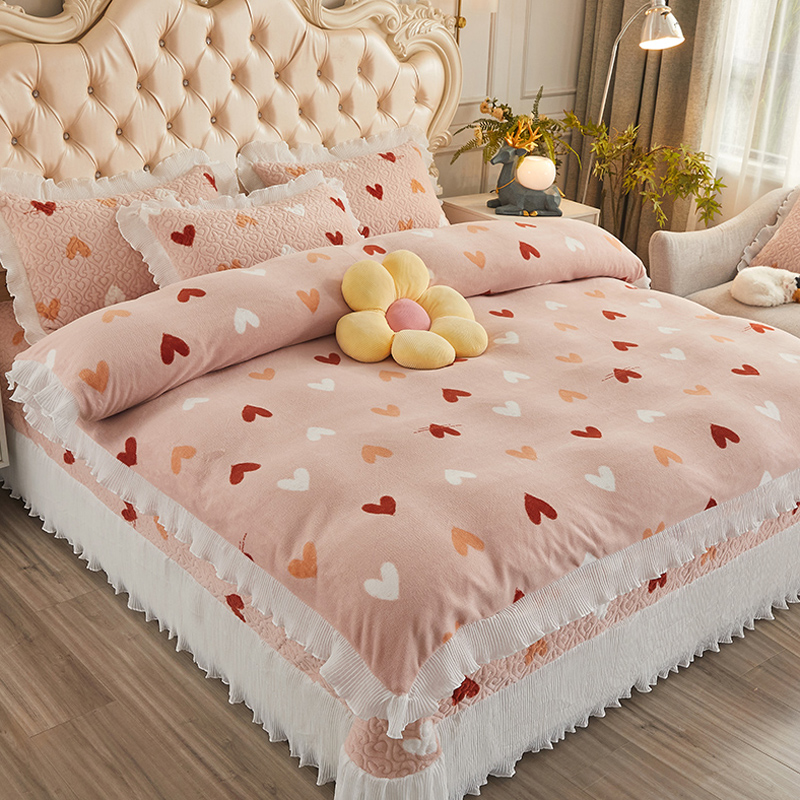 韩式风牛奶绒夹棉四件套保暖床盖