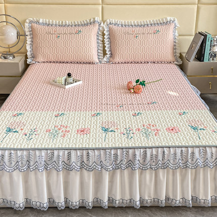 乳胶凉席床裙款三件套夏季冰丝席蕾丝边1.5米1.8x2.0床罩空调软席