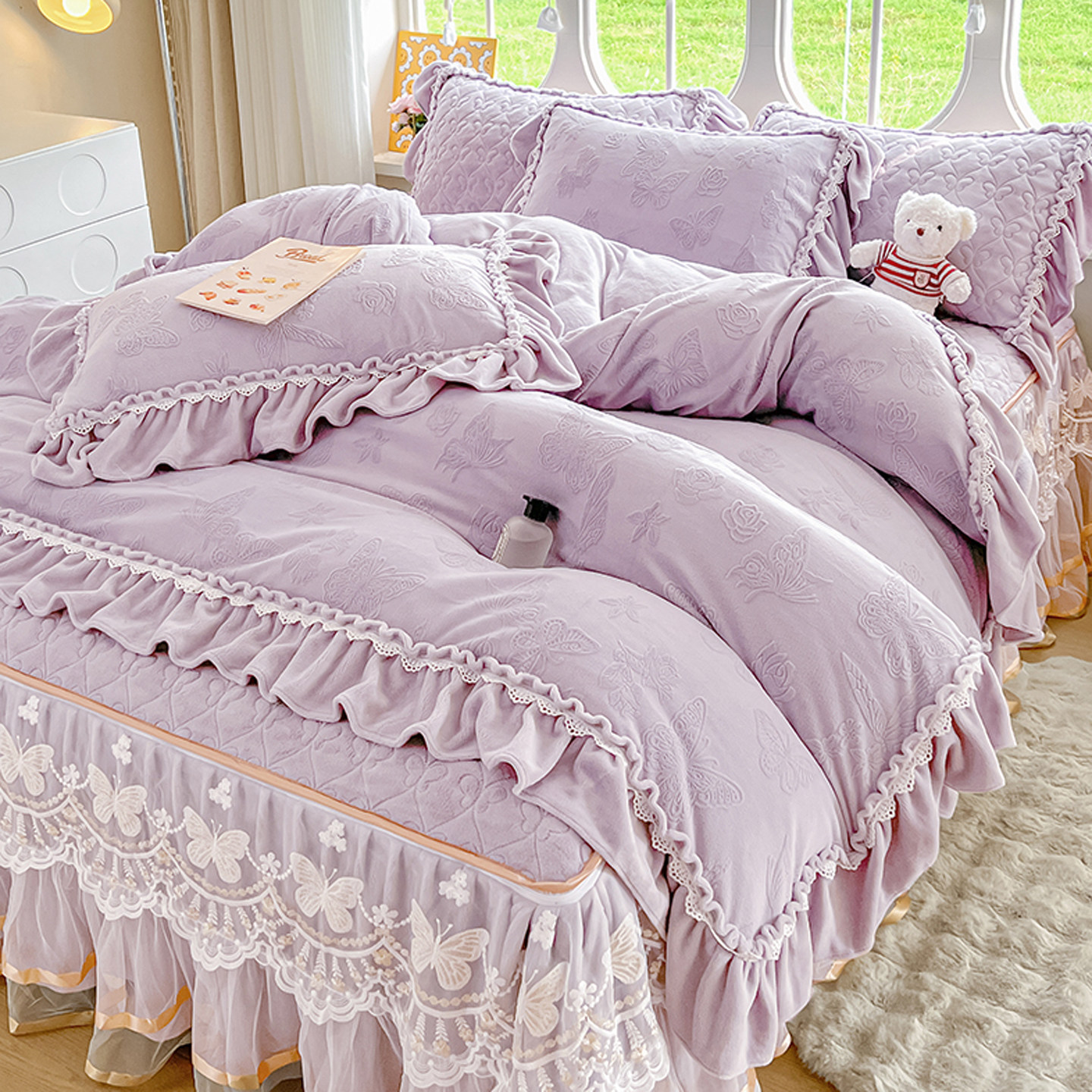 加厚高档雕花牛奶绒被套单件双面绒保暖公主风花边被罩四件套冬季