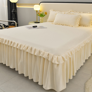 秋冬季 床罩单件加绒荷叶花边保暖床套保护套 纯色简约牛奶绒床裙式