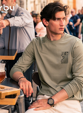 MrBu布先生字母印花秋冬长袖t恤男款圆领时尚休闲绿色上衣KT01886