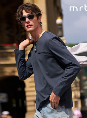 MrBu布先生正肩长袖男秋冬T恤衫打底破洞做旧圆领灰色KT16569断码