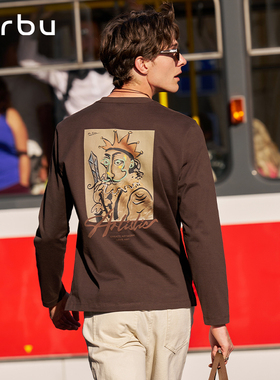 MrBu布先生咖色长袖T恤男款纯棉新款圆领后背印花时尚上衣KT16561