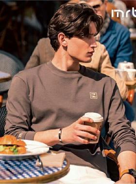 MrBu布先生长袖t恤logo印花廓形男士秋冬纯棉上衣圆领咖色KT01898