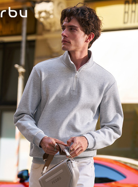 MrBu布先生灰色半拉链立领卫衣2025秋冬男款皮质LOGO简约KT16616