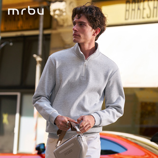 MrBu布先生灰色卫衣立领拉链半开襟男款皮质LOGO简约长袖KT16616