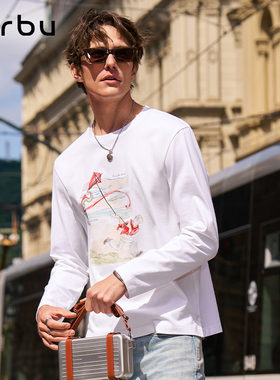 MrBu布先生印花长袖T恤男追风人时尚宽松新款圆领上衣白色KT16572