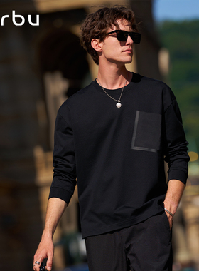 MrBu布先生秋冬上衣男款长袖黑色T恤时尚口袋圆领长绒棉KT16557