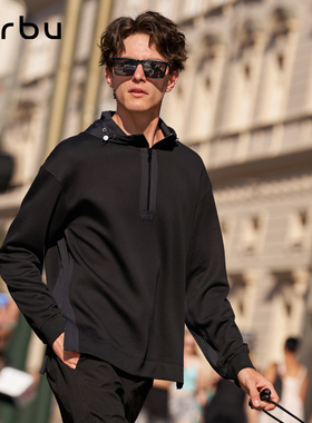 MrBu布先生黑色连帽卫衣男机能风保暖梭织拉链半开襟长袖KT16619