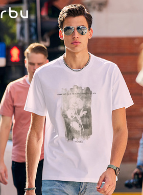 MrBu布先生T恤衫圆领男款纯棉白色玫瑰印花短袖时尚休闲GT01811