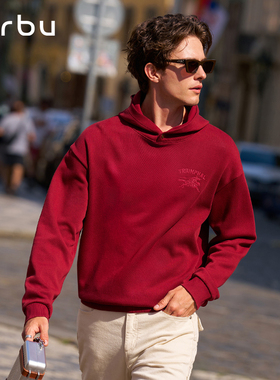 MrBu布先生廓形版连帽卫衣红色男士新款秋冬长袖战马刺绣KT16623