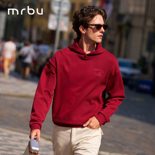 MrBu布先生廓形版连帽卫衣红色男士新款秋冬长袖战马刺绣KT16623