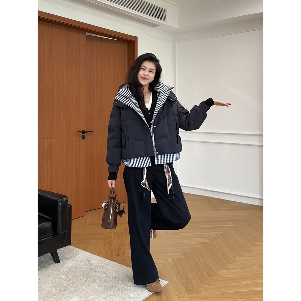 张阿星【冬季往事】假两件连帽格子拼接羽绒服W425X18714