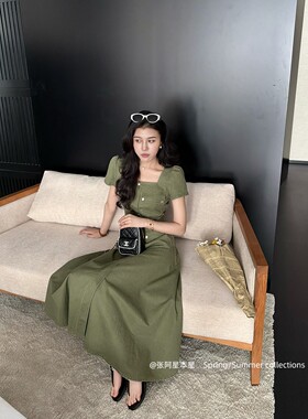 张阿星【青野漫行】工装棉质方领复古风收腰修身军绿色短袖连衣裙