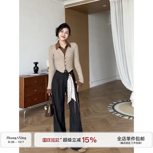 张阿星【加州旧刊】复古老钱风撞色拼接Polo衬衫女秋修身显瘦内搭