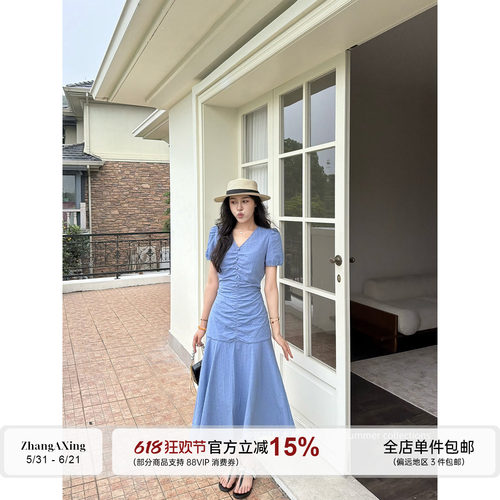 张阿星【蓝调晚风】V领正肩蓝色法式收腰韩系荷叶边大裙摆连衣裙