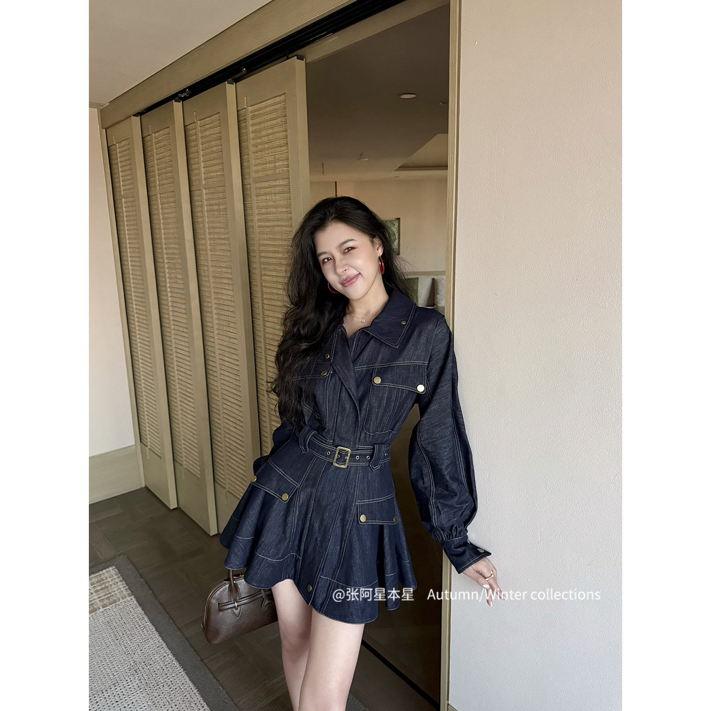 张阿星【待开价！新品先加购】复古港风丹宁牛仔灯笼袖收腰连衣裙