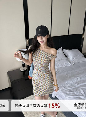 张阿星【浅夏私语】优雅气质斜肩收腰修身扭结褶皱遮肚显瘦连衣裙