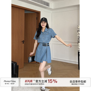 张阿星【牛仔旅人】港味复古风牛仔短袖连衣裙女夏季收腰短款裙子