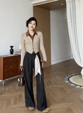 张阿星【加州旧刊】复古老钱风撞色拼接Polo衬衫+飘带垂感直筒裤