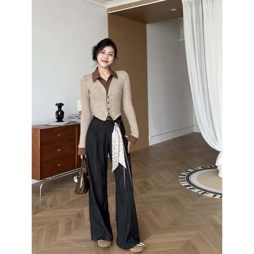 张阿星【加州旧刊】复古老钱风撞色拼接Polo衬衫+飘带垂感直筒裤