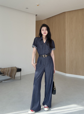 张阿星【胶片牛仔】气质老钱风夏季干练通勤百搭高腰线直筒连体裤