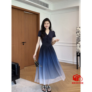 张阿星【蓝色妖姬】渐变蓝法式连衣裙夏季V领收腰高级感气质裙子