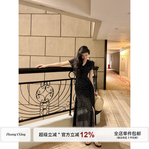 张阿星【波点欧尼】赫本气质v领抽绳调节收腰修身短袖波点连衣裙
