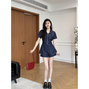 张阿星【胶片港潮】复古休闲翻领掐腰上衣+修身牛仔短裤套装女夏