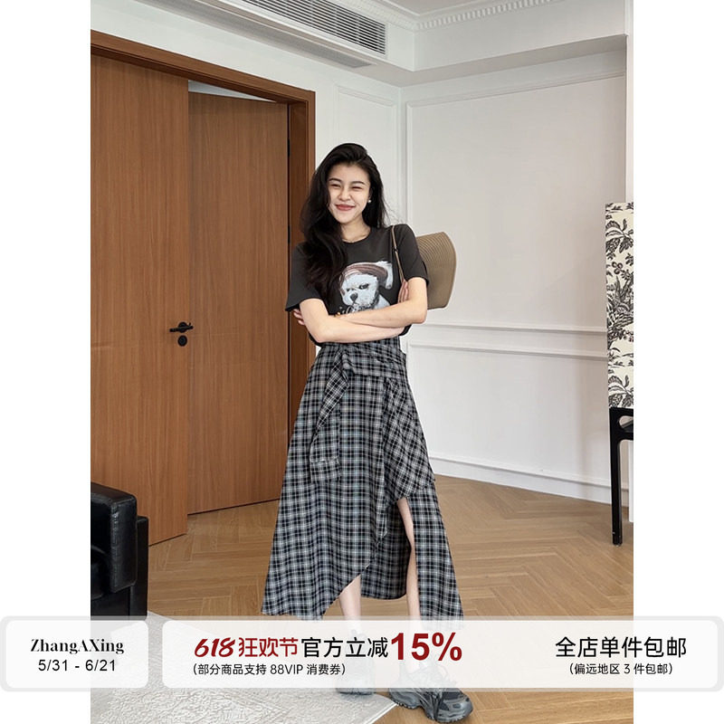 张阿星【撒野套装】美式高街短袖T恤+不规则格子半身裙两件套装夏