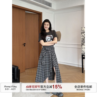 张阿星【撒野套装】美式高街短袖T恤+不规则格子半身裙两件套装夏