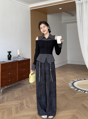 张阿星【雾色腔调】假两件设计撞色露肩收腰衬衫+扎染腰链直筒裤