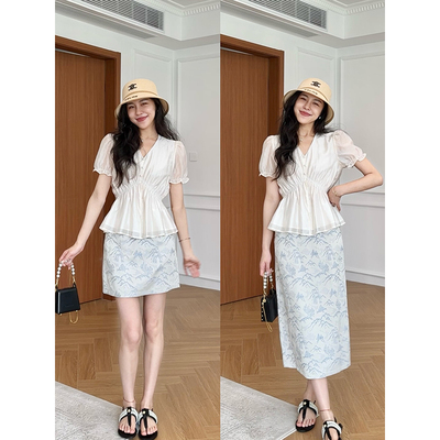 张阿星【白玉美人】法式莱赛尔质感衬衫+ 高腰提花半身裙两件套装