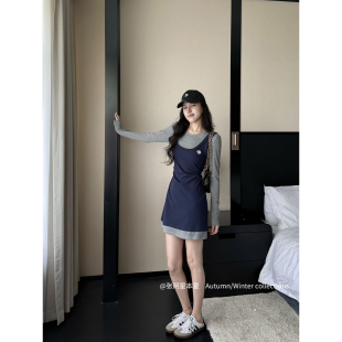 张阿星【撞色美学】假两件拼接收腰学院风显瘦撞色A摆连衣裙