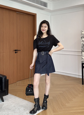 张阿星【镜头焦点】 假两件单肩带斜肩印花T拼接收腰连衣裙女夏季