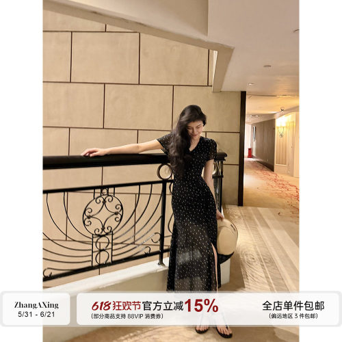 张阿星【波点欧尼】赫本气质v领抽绳调节收腰修身短袖波点连衣裙