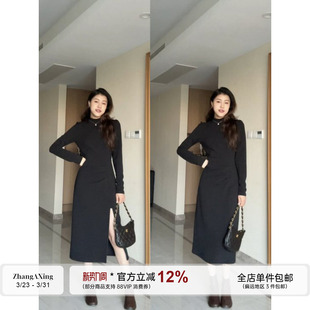 高级气质方领收腰可调节开叉小黑裙 黑天鹅连衣裙 张阿星 高领版
