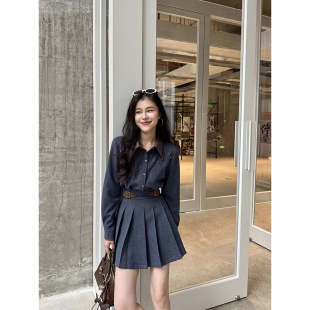 复古休闲感翻领撞色百搭修身 张阿星 新款 秋季 型连衣裙 耶鲁蓝调