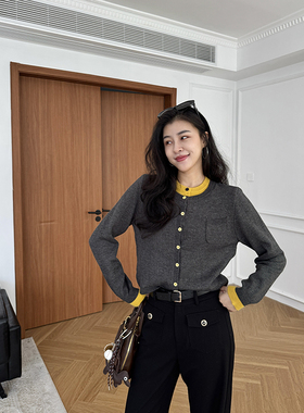 张阿星【叠搭神器】黄色撞色假两件拼接气质百搭秋款圆领针织衫