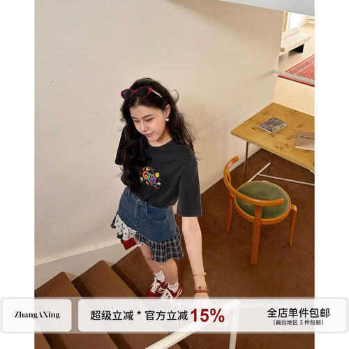 张阿星【青春派对】纯棉灰色正肩短袖+牛仔拼格波点设计感高腰裙