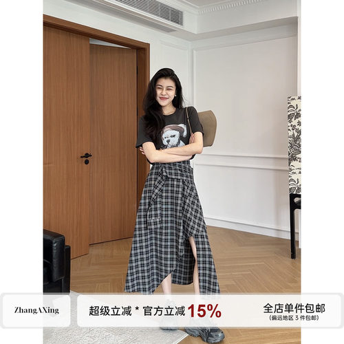张阿星【撒野套装】美式高街短袖T恤+不规则格子半身裙两件套装夏