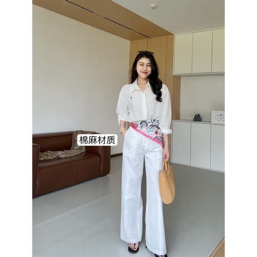 张阿星【拉夫套装】轻松时髦慵懒感微透亚麻衬衫+ 高腰白色直筒裤
