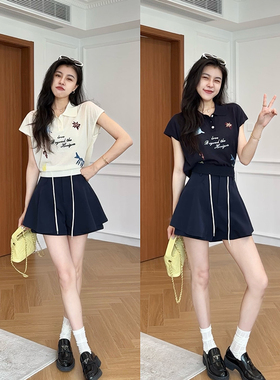 张阿星【悠闲派】韩版趣味刺绣短袖T恤+休闲宽松短裤两件套装女夏