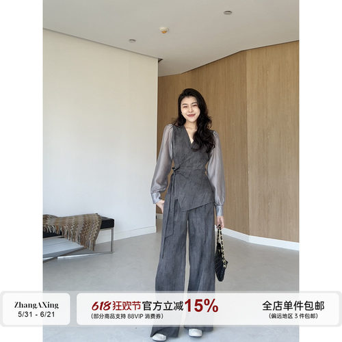 张阿星【高质感套装】 轻熟风干练通勤透气百搭斜收腰上衣+阔腿裤