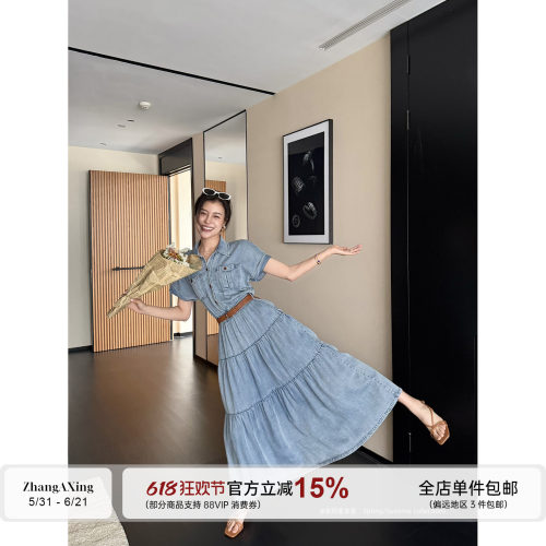 张阿星【漫夏牛仔】港风通勤质感收腰显瘦复古百搭短袖牛仔连衣裙