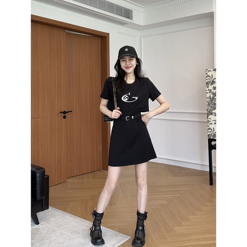 张阿星【镂空腰】 印花正肩黑色拼接连衣裙女夏季休闲短袖A字裙子