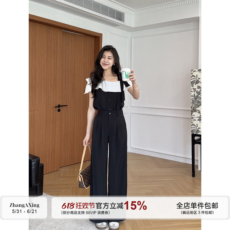 张阿星【淡雅佳人】气质斜肩上衣+ 高腰宽松阔腿直筒西装裤套装女
