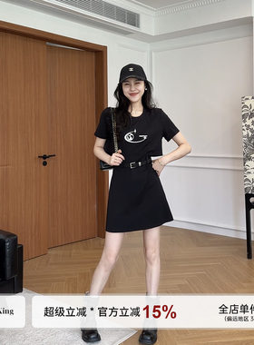张阿星【镂空腰】 印花正肩黑色拼接连衣裙女夏季休闲短袖A字裙子