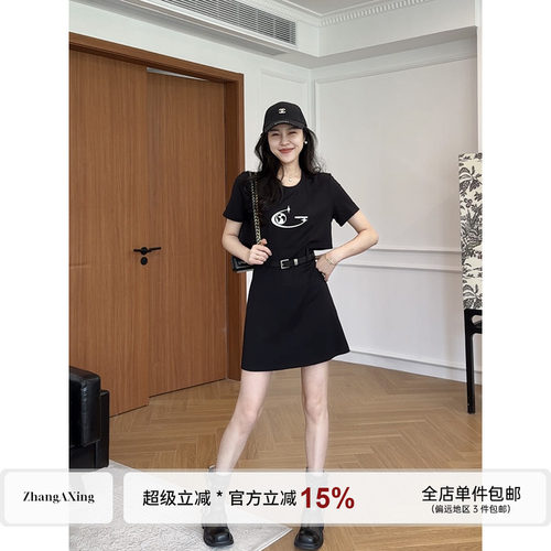 张阿星【镂空腰】 印花正肩黑色拼接连衣裙女夏季休闲短袖A字裙子